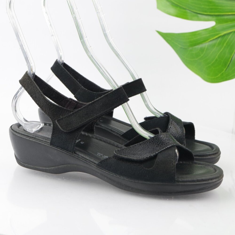 Flexus Womens Sandal Size 40 9 Black Leather Adjustable Ankle Strap Comfy Shoe